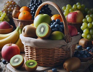 cesta con kiwis rodeada de muchas frutas